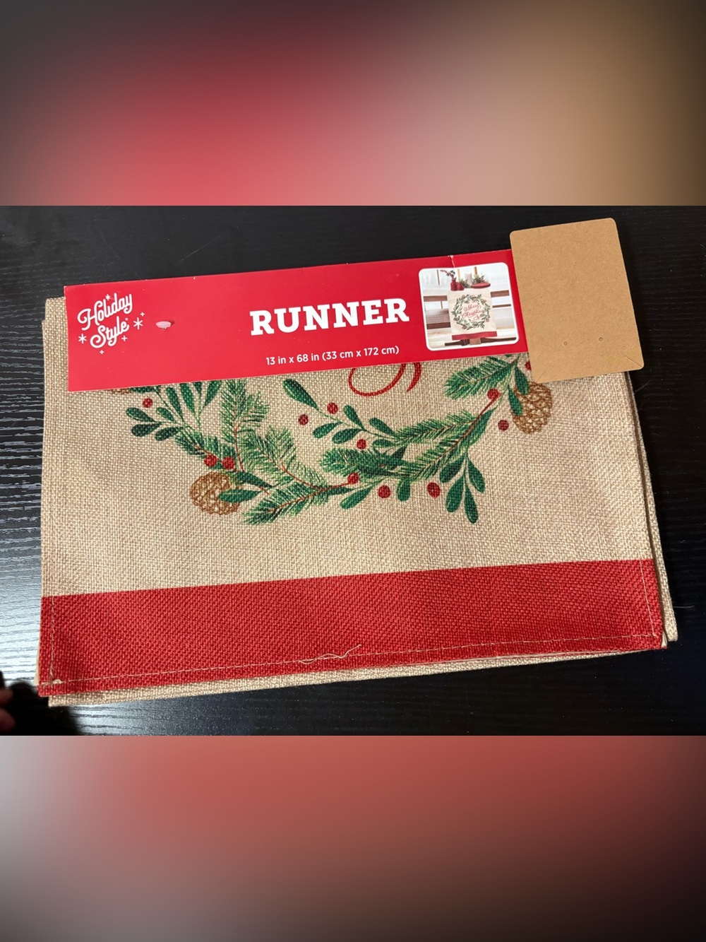 Christmas Table Runner 13x68 Holiday Wreath Pinecone Berry Decor
